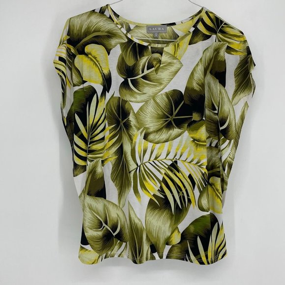 Laura Green and Yellow Botanical Leaf print flutter sleeve blouse keyhole neck S - Picture 12 of 12
